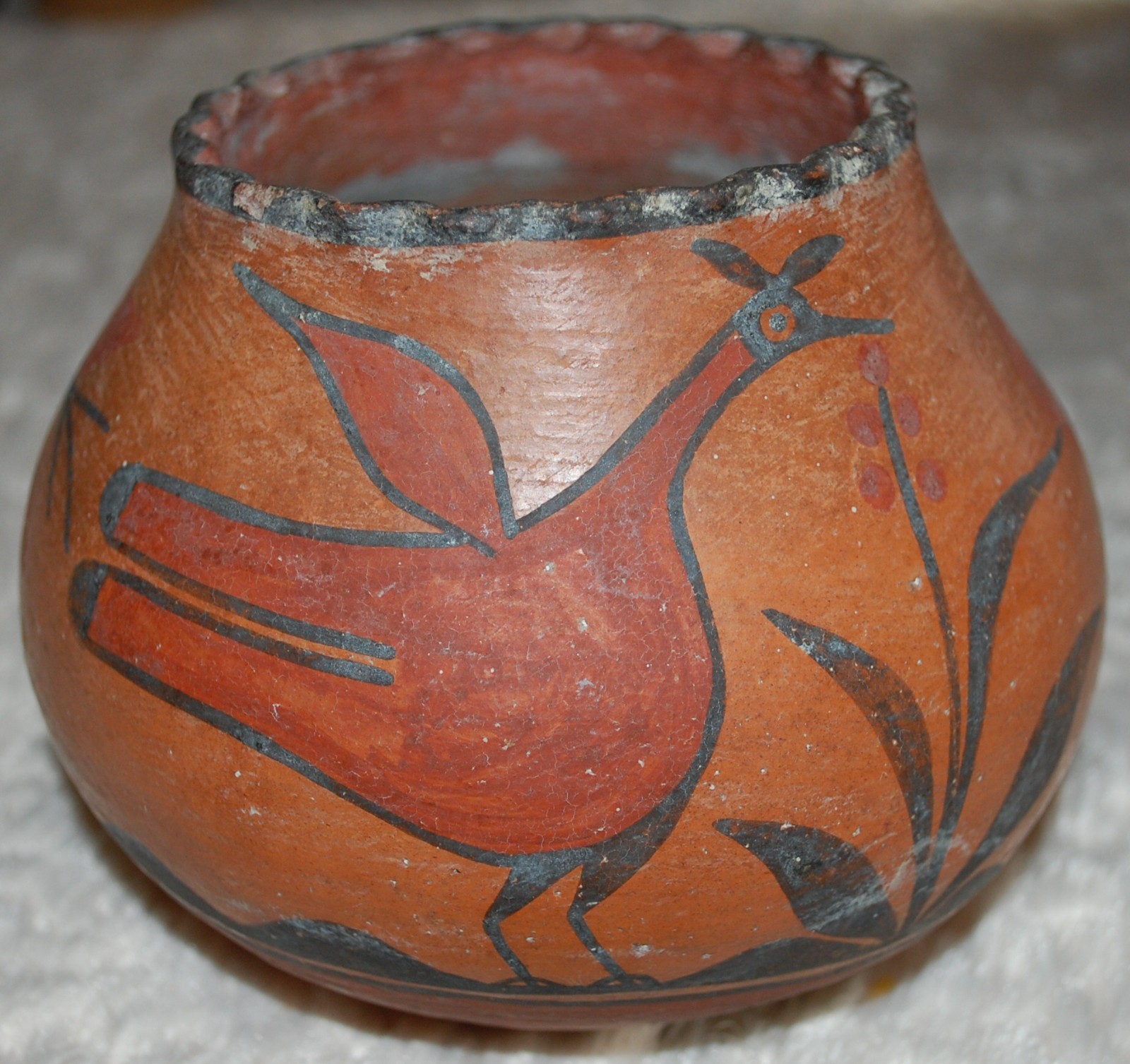 Early 1900-1920 Zia Pottery Jar with Bird and Flower figures- 6" diameter -Solid