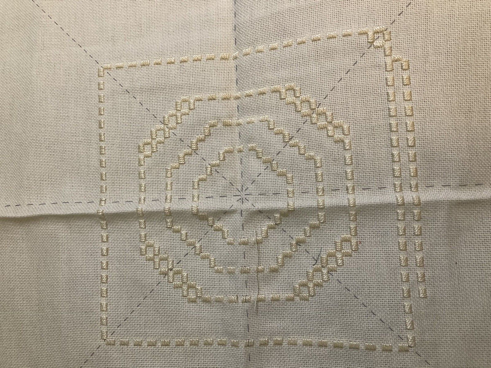 Hand stitched Hardanger 19" Sq. Ecru Table Topper started