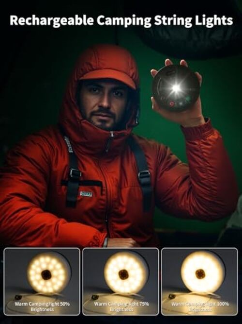 Upgraded Outdoor Retractable Camping Lights String, 33FT Camp String Yellow