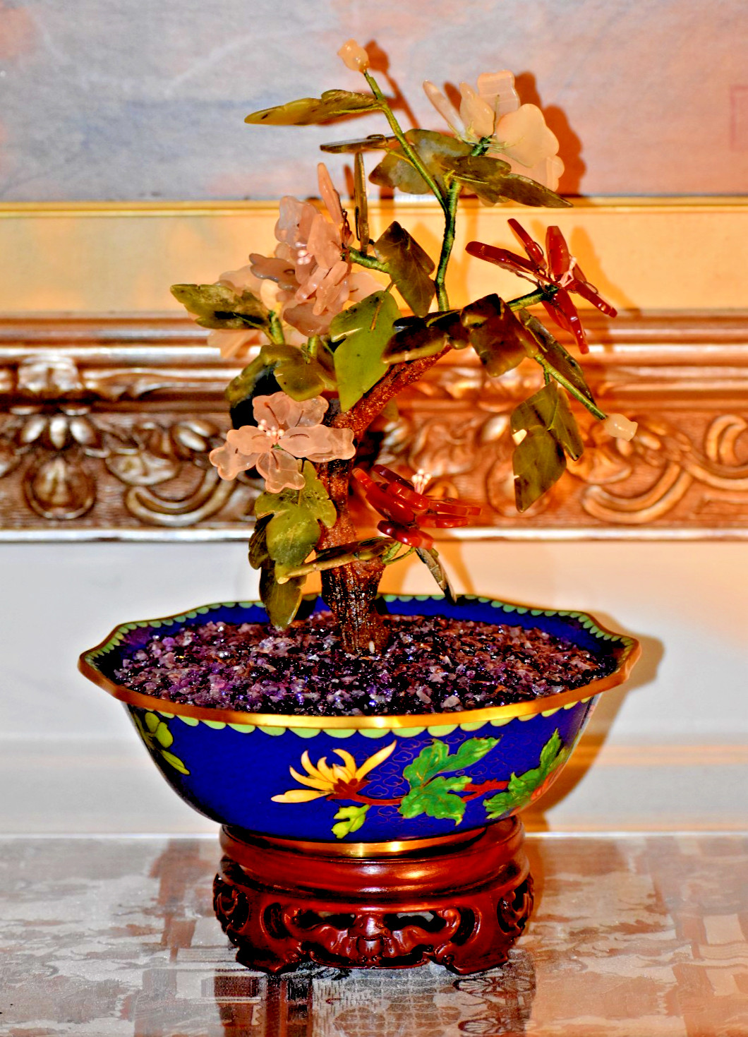 15" VINTAGE BONSAI PEKING JADE TREE IN 8" BLUE CLOISONNE BOWL W/SOLID EBONY BASE