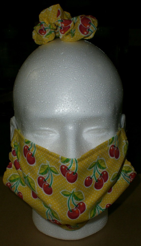 Face Mask Cherry Pattern Covering & Scrunchie Set 100% Cotton Washable Reusable