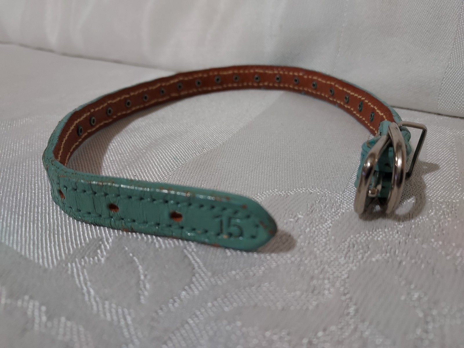 Rare Vtg Rhinestone Jeweled Turquoise Leather Pet Collar & Leash Set 11.5"-13.5"