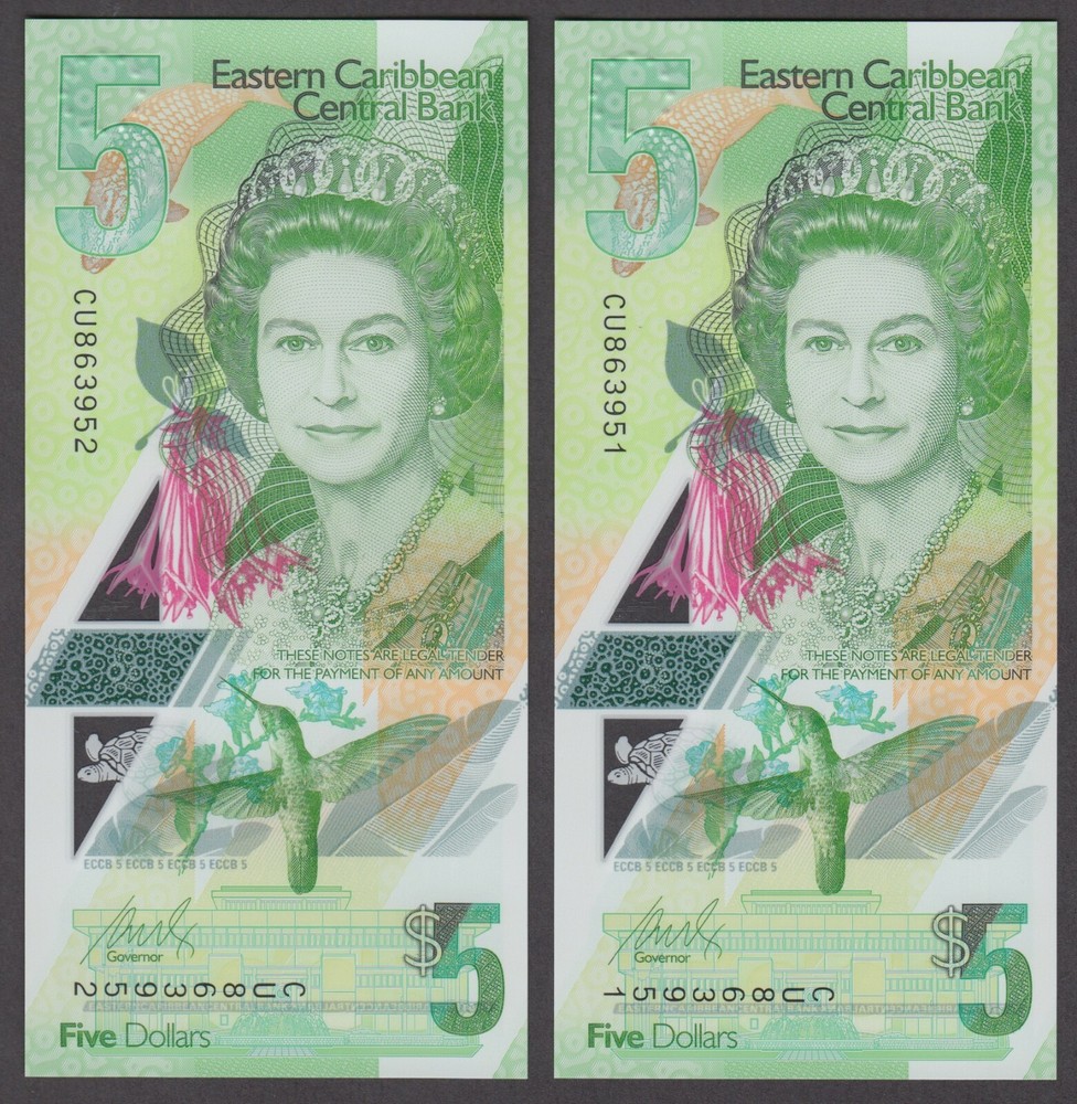 EAST EASTERN CARIBBEAN P.NEW 5 DOLLARS  POLYMER  CONSECUTIVE PAIR  UNCIRCULATED