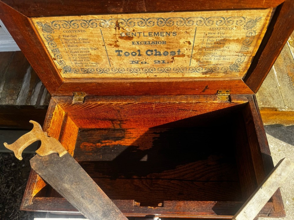 Vintage Wood Tool Chest No.21 w/ Chisels Gouges Mallet Set Rustic Carpenter Kit