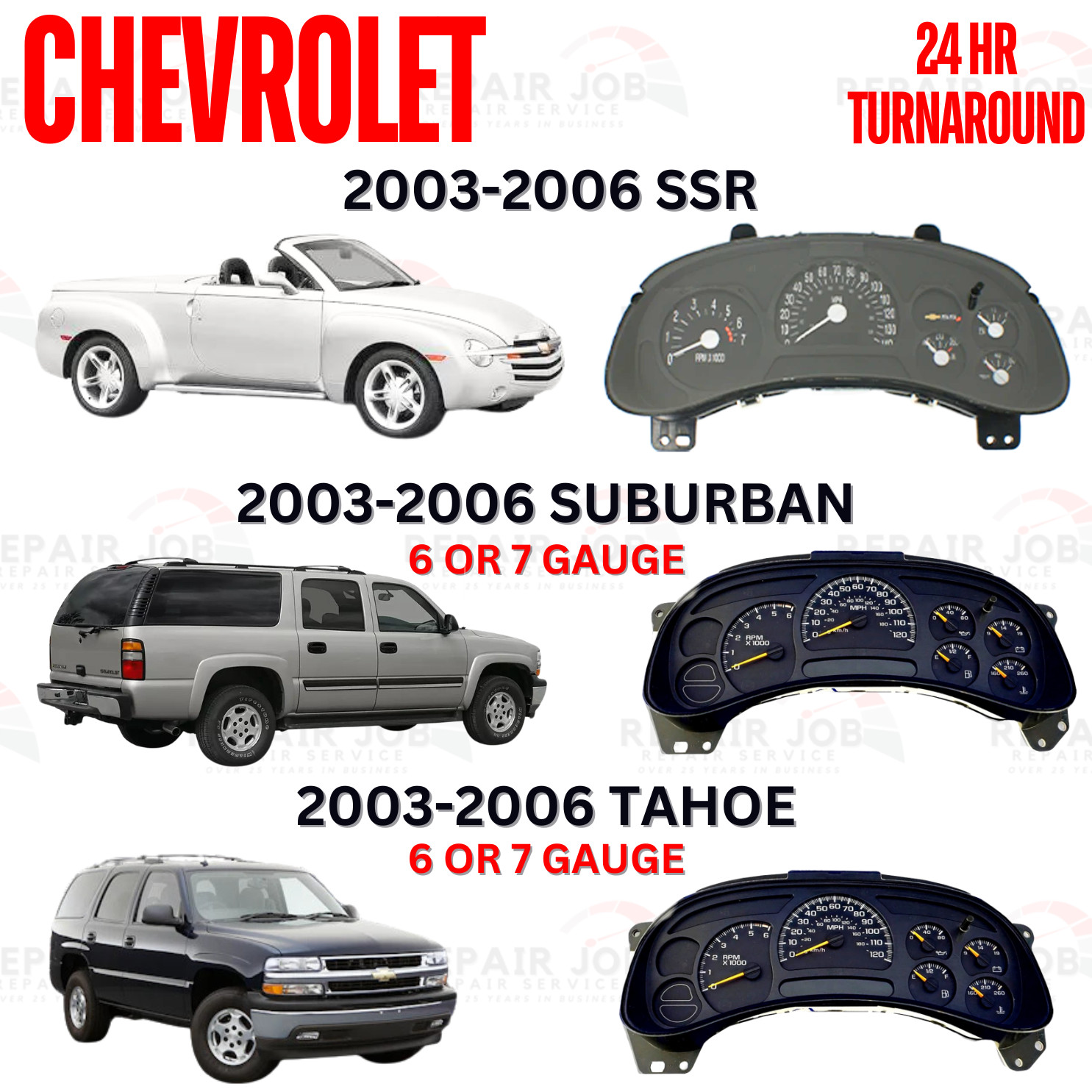 03-07 GM Chevy Sierra Silverado Tahoe Dash Cluster Full Rebuild Repair Service .