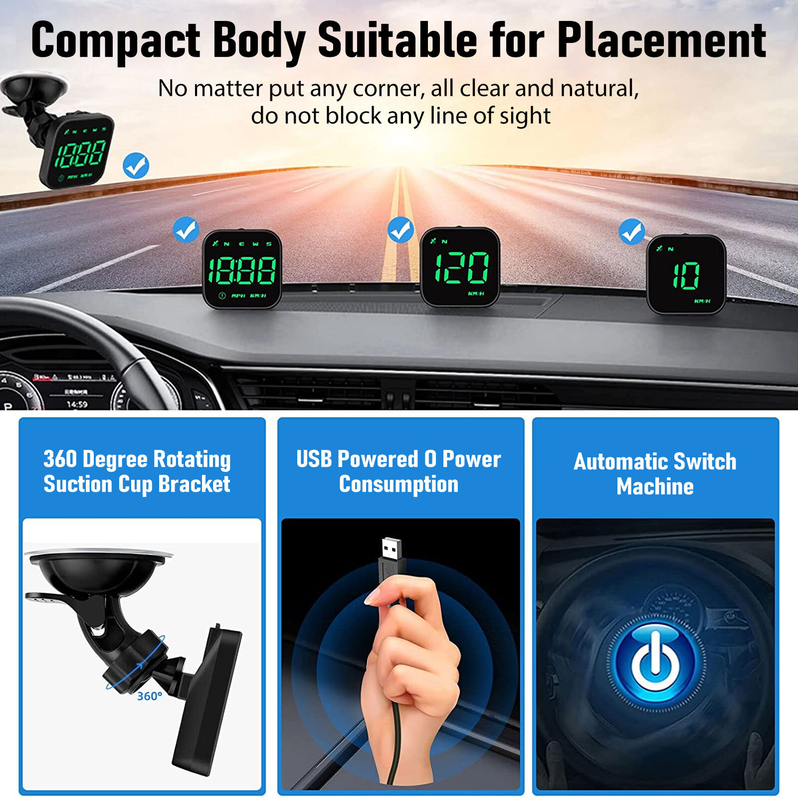Digital GPS Speedometer Car HUD Head Up Display MPH KMH Compass Overspeed Alarm