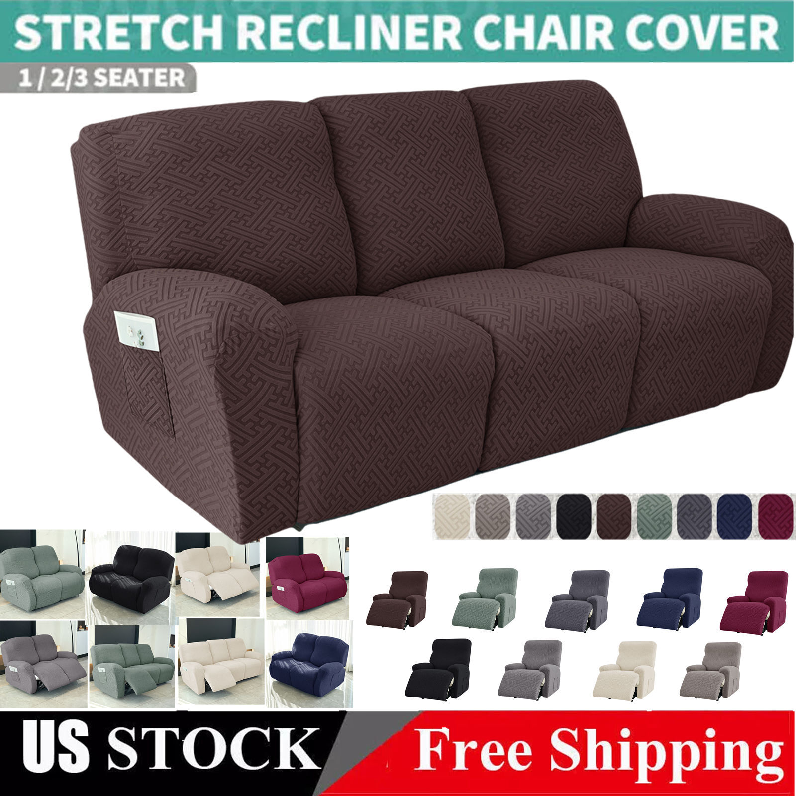 1/2/3 Seater Elastic Recliner Sofa Cover Stretch Armchair Covers Couch Slipcover