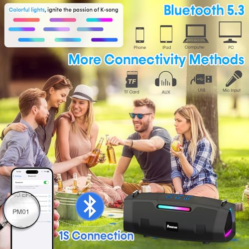 Portable Bluetooth Karaoke Machine - 60W Powerful Speaker with 2 Wireless