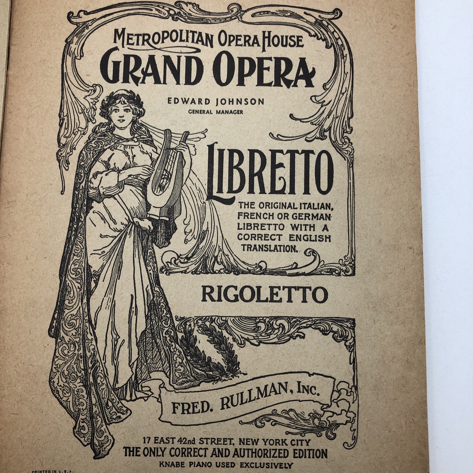 Grand Opera Librettos Program Lot 5 - Mona, Carmen, Lake, La Tosca, Rigoletto