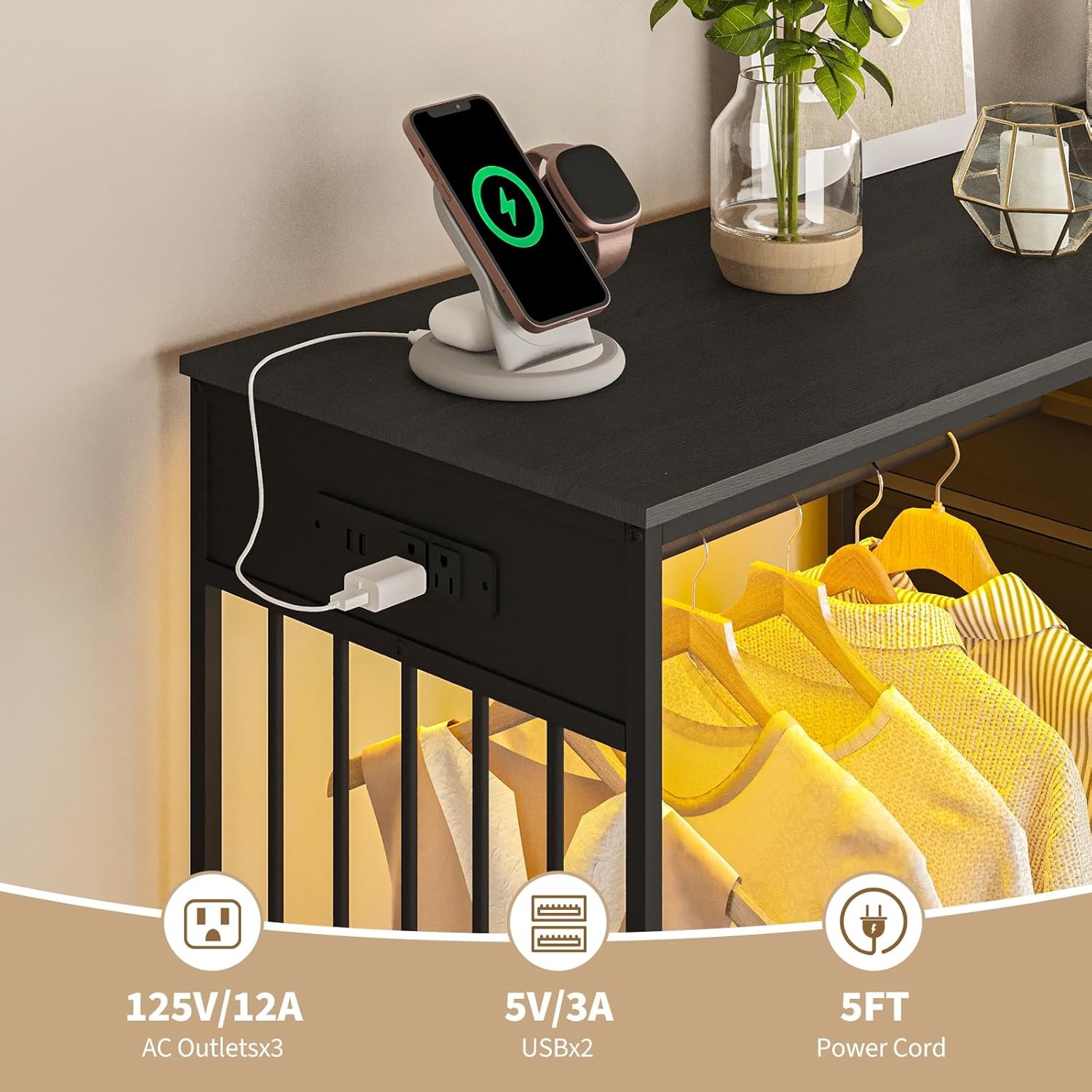 Bedroom Storage Center, Dresser/Wardrobe Combo with Hanging Rack, LED Lights