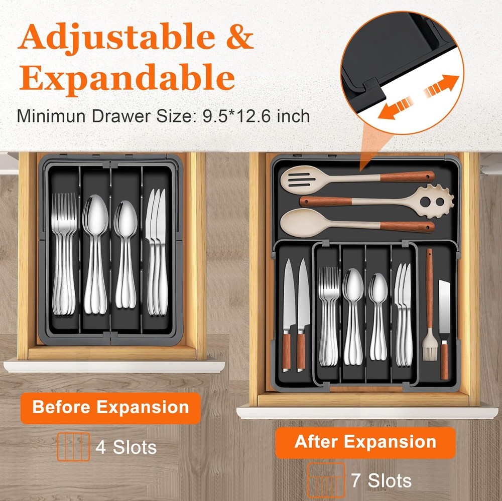 Silverware Organizer - Expandable Kitchen Drawer Organizer, Utensil Black