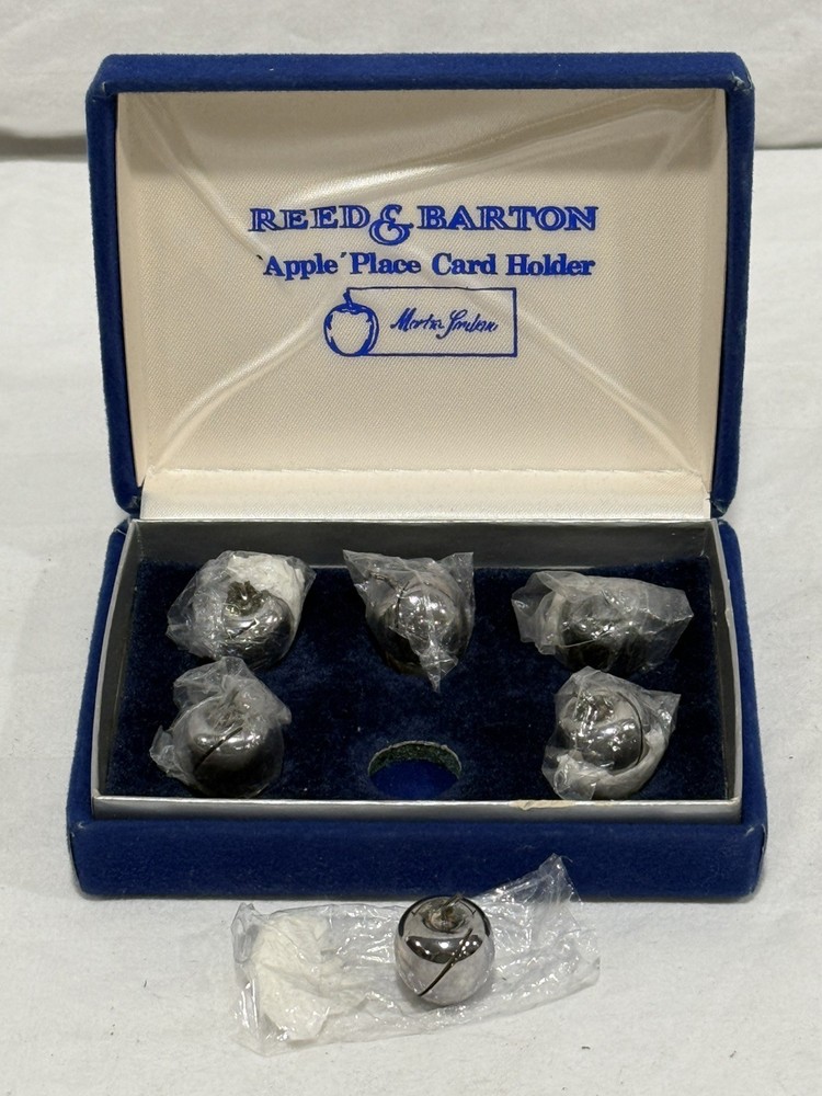 Vintage Reed & Barton 6pc Apple Place Card Holder Silver Plate Boxed Set NOS