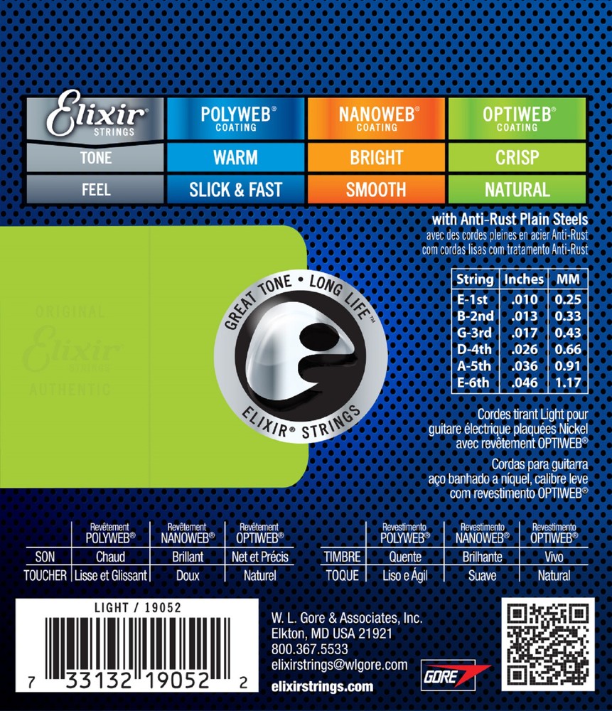 Elixir® 19052 Electric Strings with OPTIWEB® Coating, Light (.010-.046)