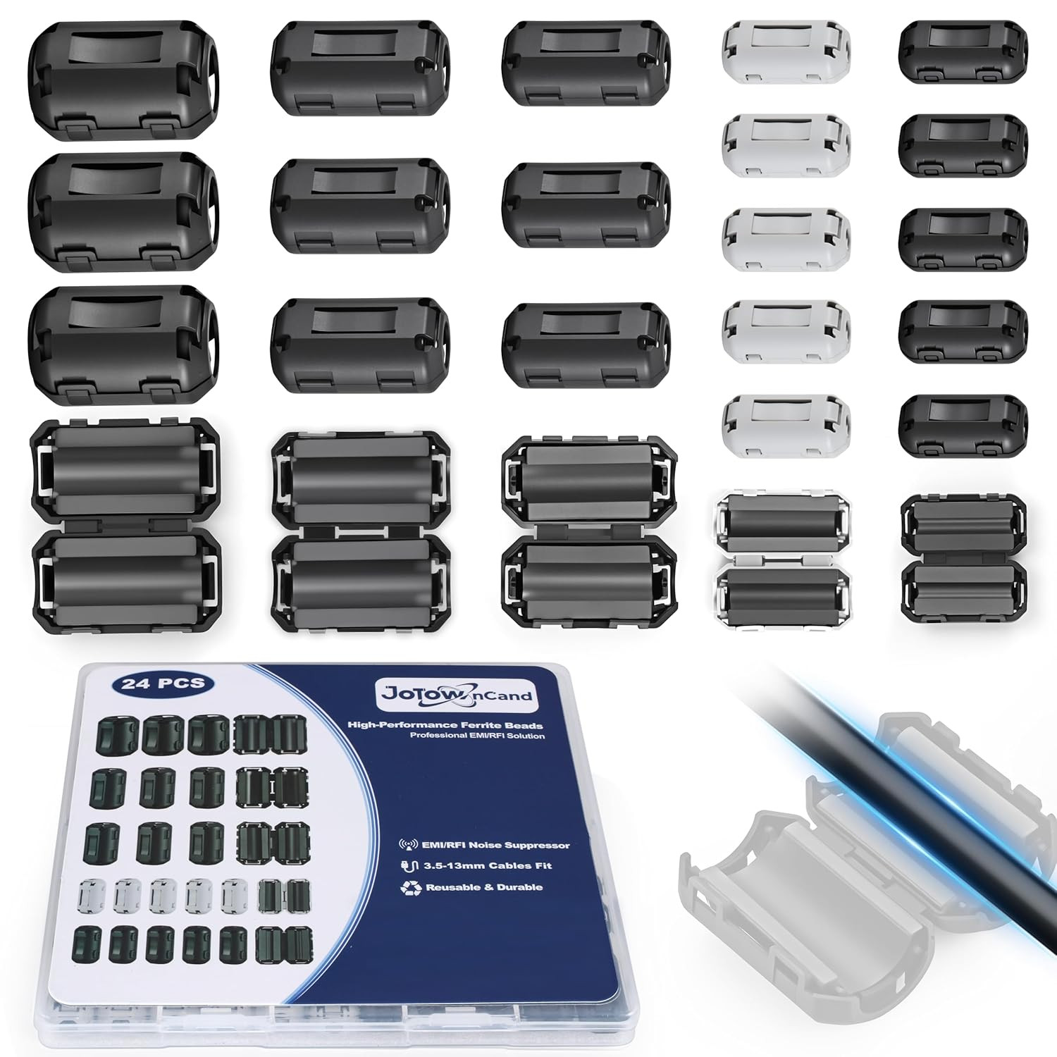 24Pcs Professional Ferrite Beads, Snap-On Ferrite Choke Core Kit for Usb/Audio/P