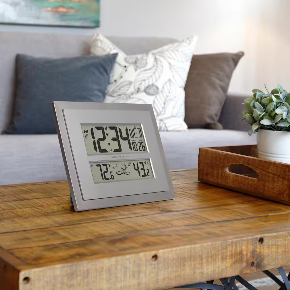 Atomic Digital Clock with Temperature and Forecast in Gray/Silver