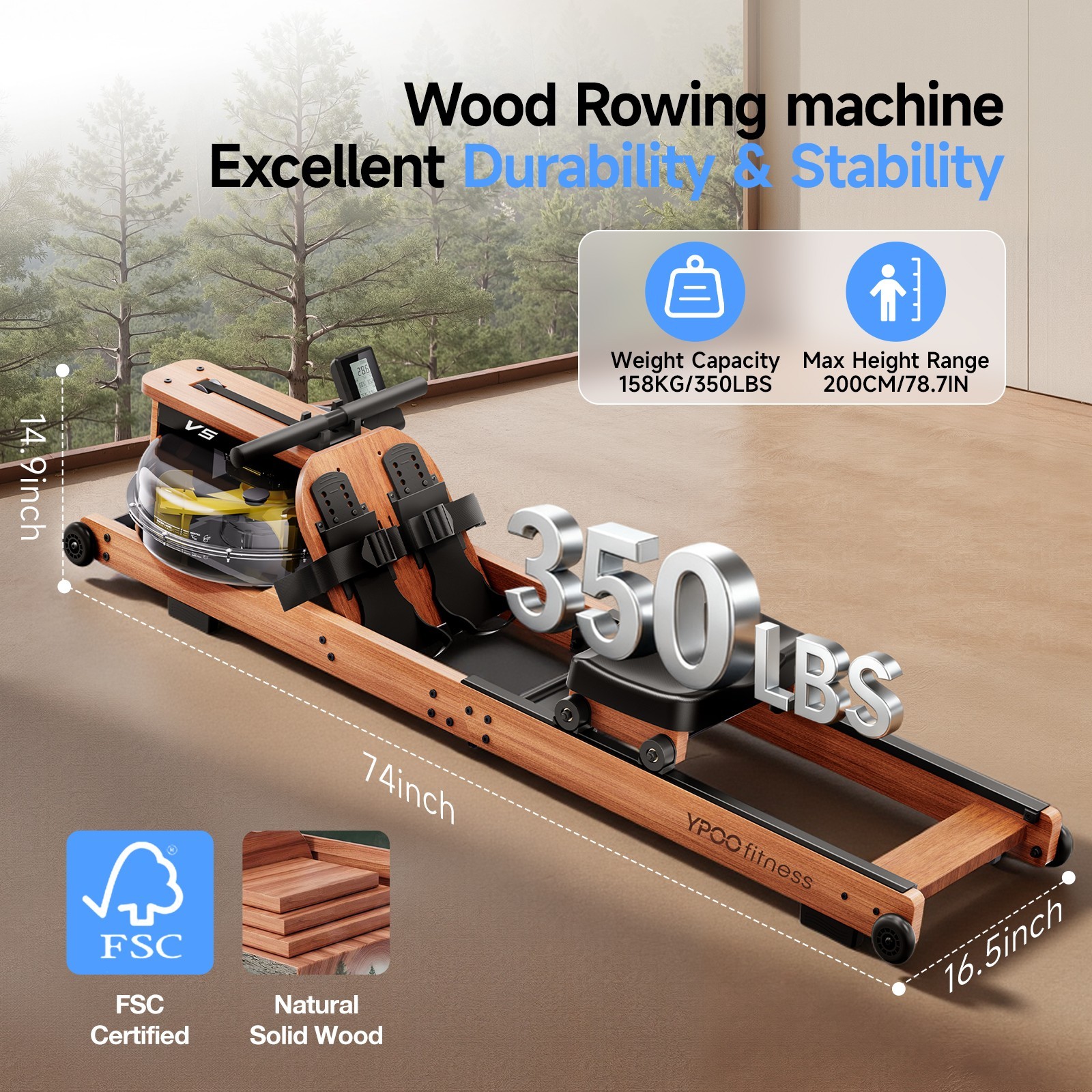 Foldable Rowing Machine Wood 350LBS Capacity Smooth Space-Saving Design Quite