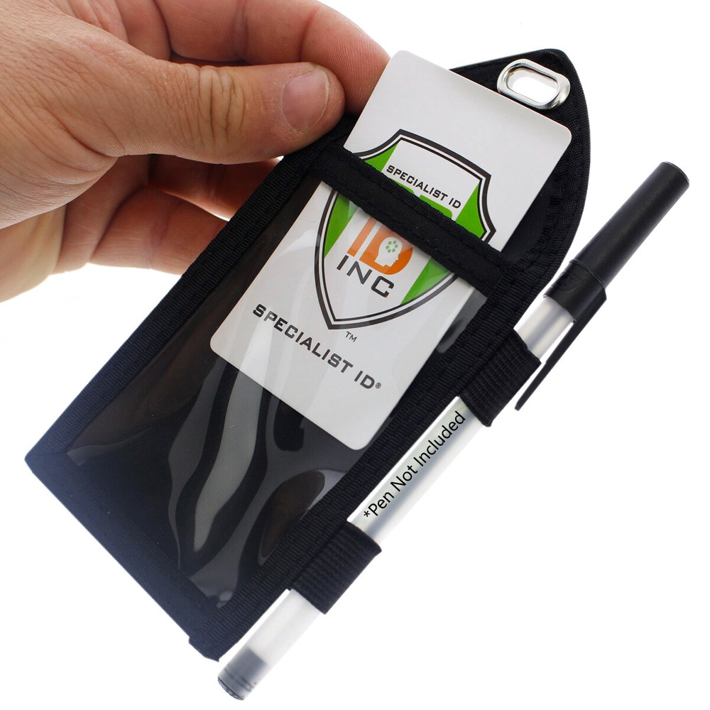 Nylon Badge Holder with Pen Loop - 2 Pockets - Window Front - Hidden Back Pouch