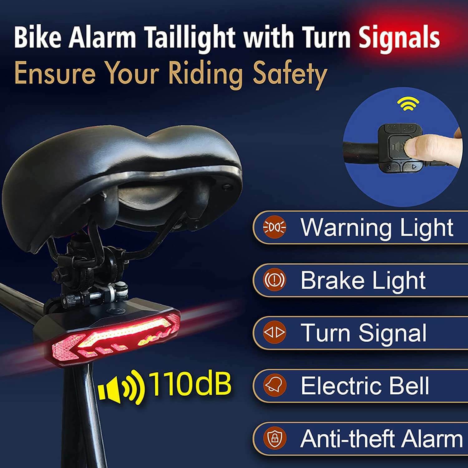 Wireless Bicycle Anti-Theft Alarm Vibration LED Bike Tail Lights USB with Remote