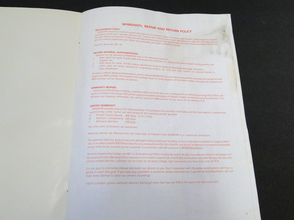Vintage Romstar - Varth: Operation Thunderstorm Arcade Mini Instruction Manual