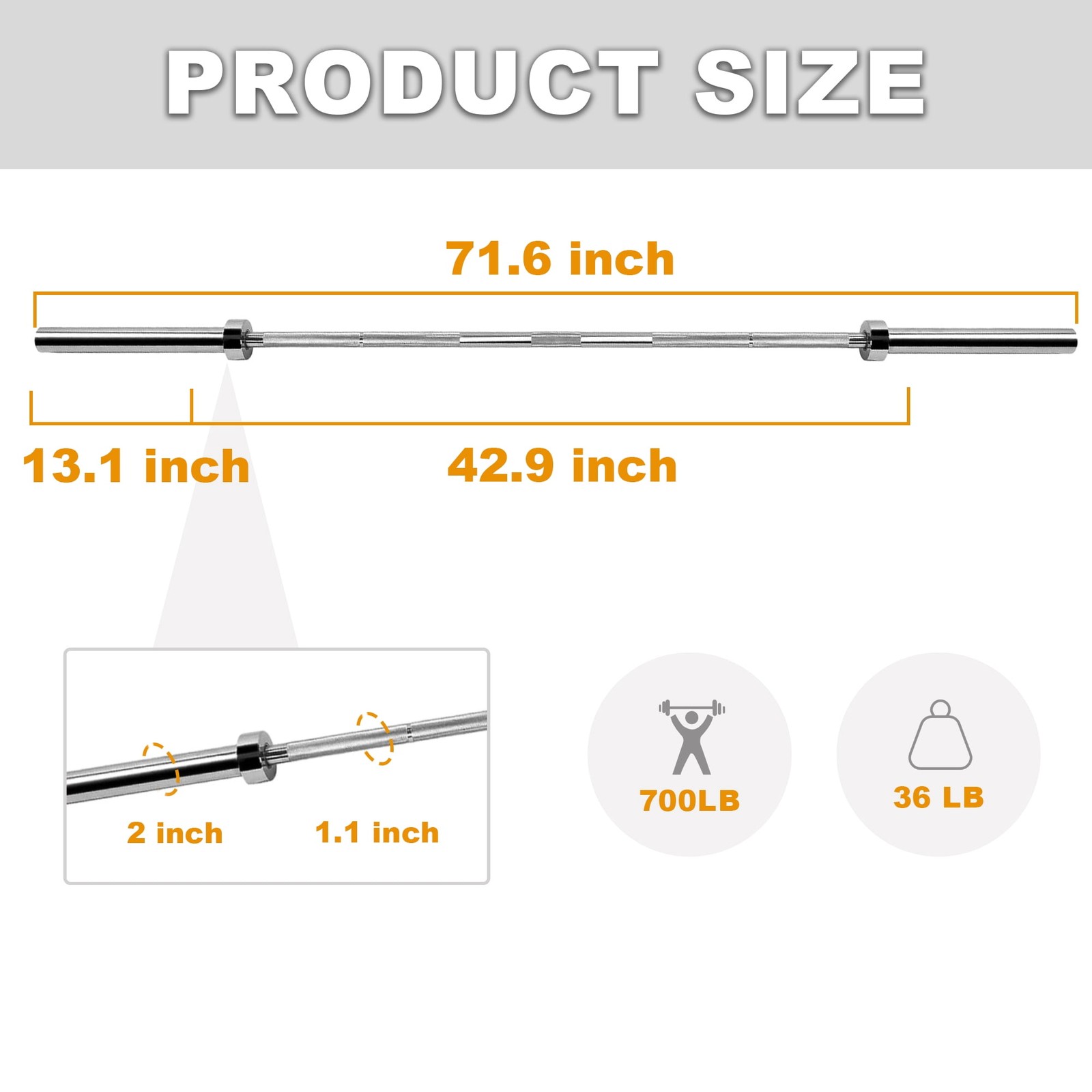 6FT Straight Olympic Barbell, Alloy Steel, 2-Inch Diameter, Silver Finish