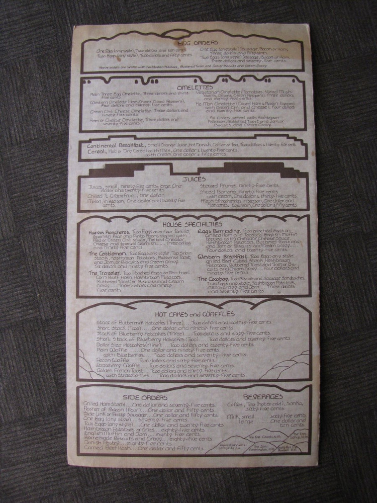 WOLFGANG'S RESTAURANT - Souvenir Folded Menu 1982