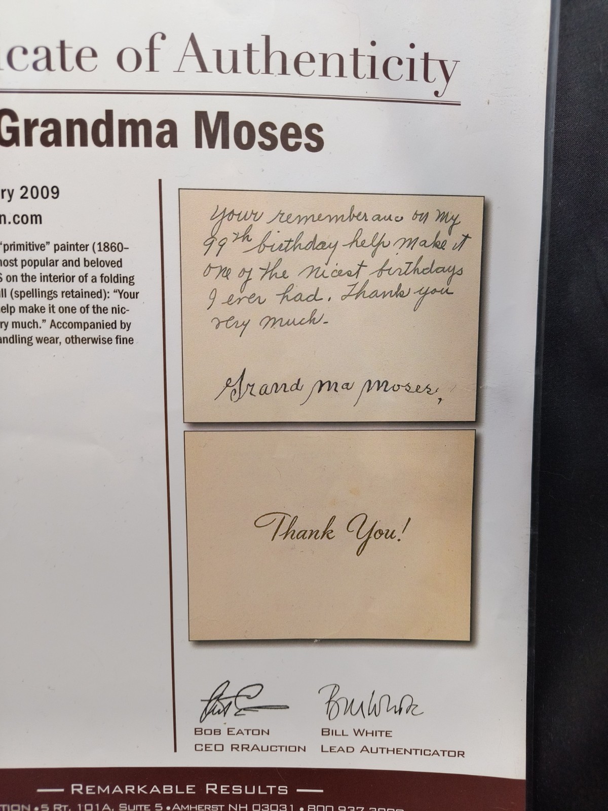 Grandma Moses Hand Written Card Signed COA 99TH Birthday Folk Artist Painter