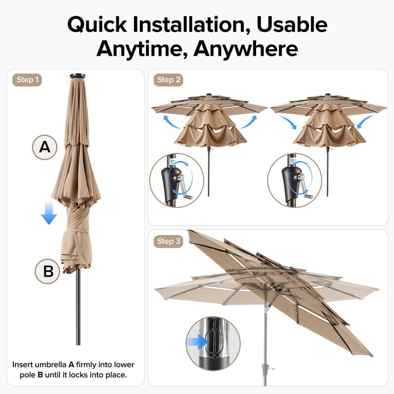 10 FT 3-Layer Solar Patio Umbrella, 32 LED Lights Market Umbrella