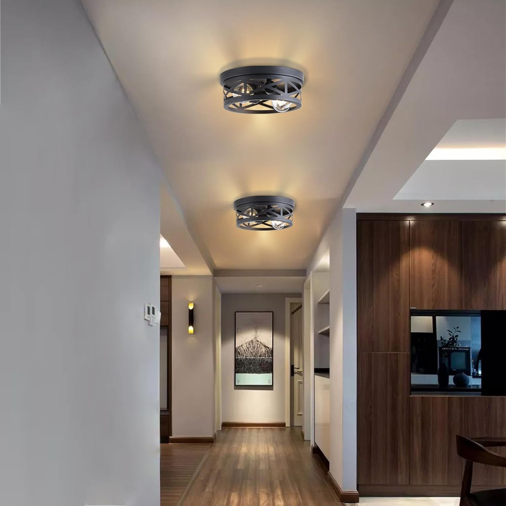 2 Pack Black Farmhouse Flush Mount Ceiling Light,2-Light Rustic Hallway Light Fi