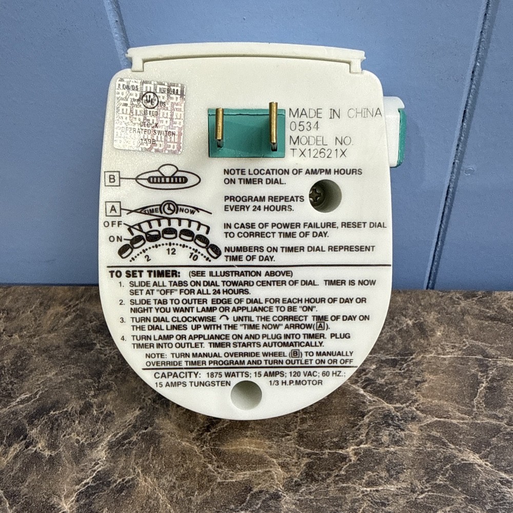 Timex Single Setting Wall Plug In Timer - 1875 Watt Capacity Model TX12621X