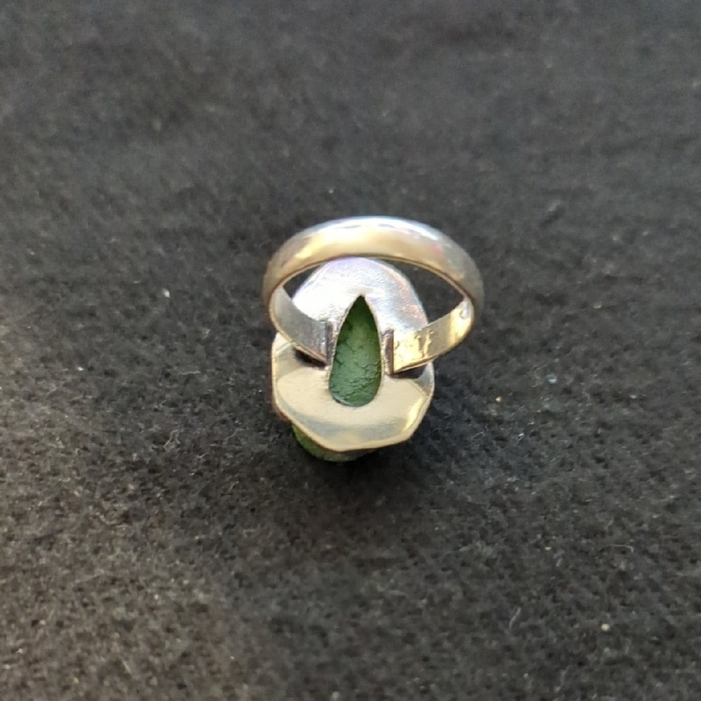 Silver Plated Green Agate Druzy Gemstone Teardrop Statement Ring - Size 6.75