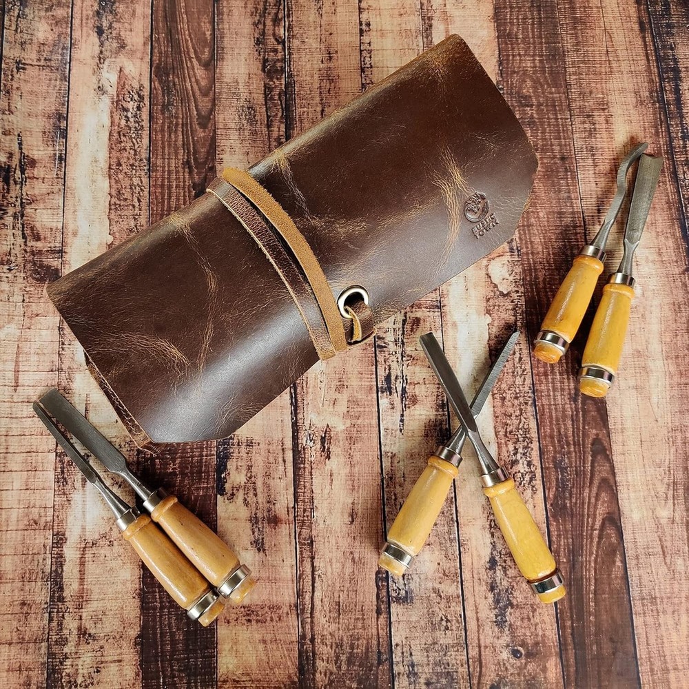 Leather Tool Roll Pouch – 12 Pocket Compact Wrench & Chisel Organizer