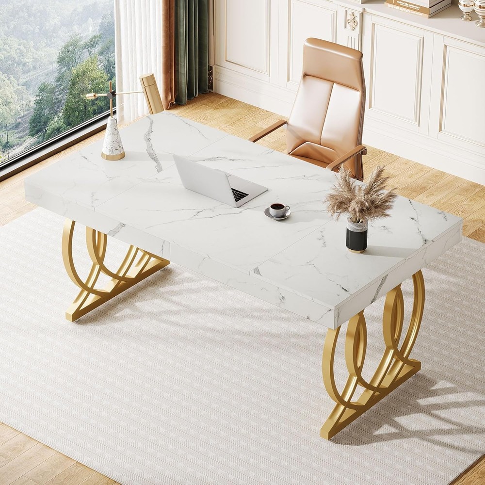 63-Inch Rectangular Executive Desk, Modern Office Computer Desk with Gold Legs