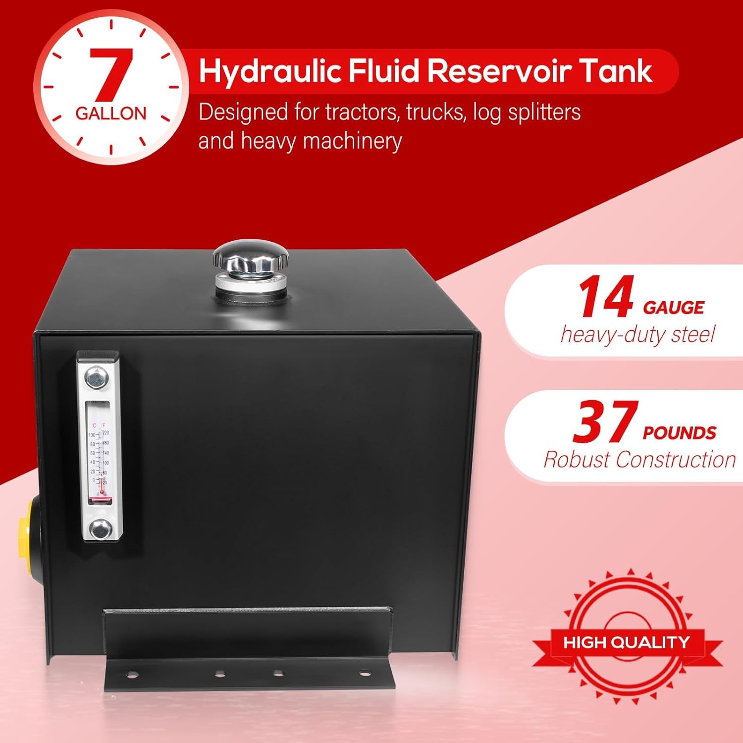 7 Gallon Hydraulic Fluid Reservoir Tank with Temp Gauge, Sight-Gauge & Breather