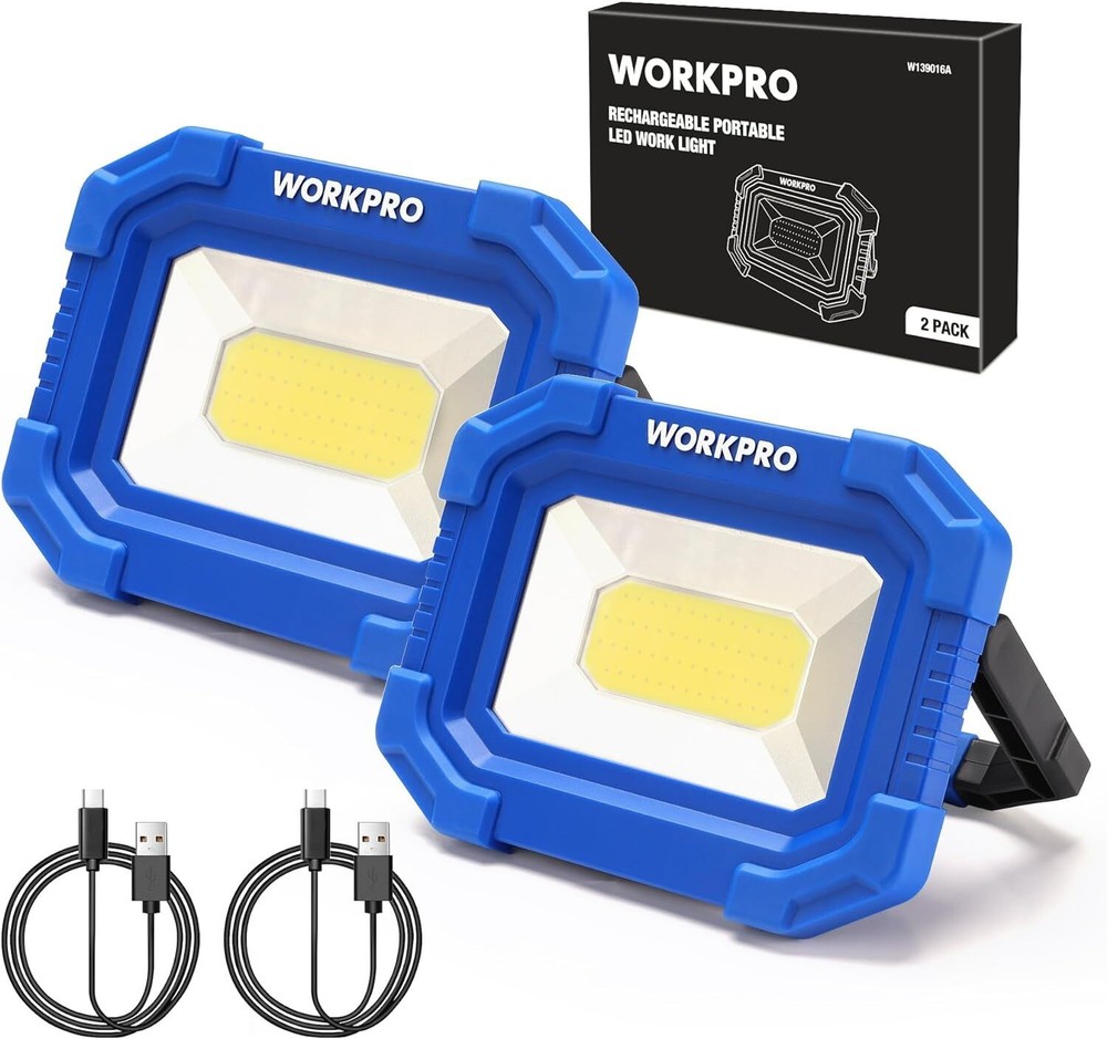 WORKPRO 2Pack Rechargeable 2000LM LED Work Light Magnetic Super Bright Worklight