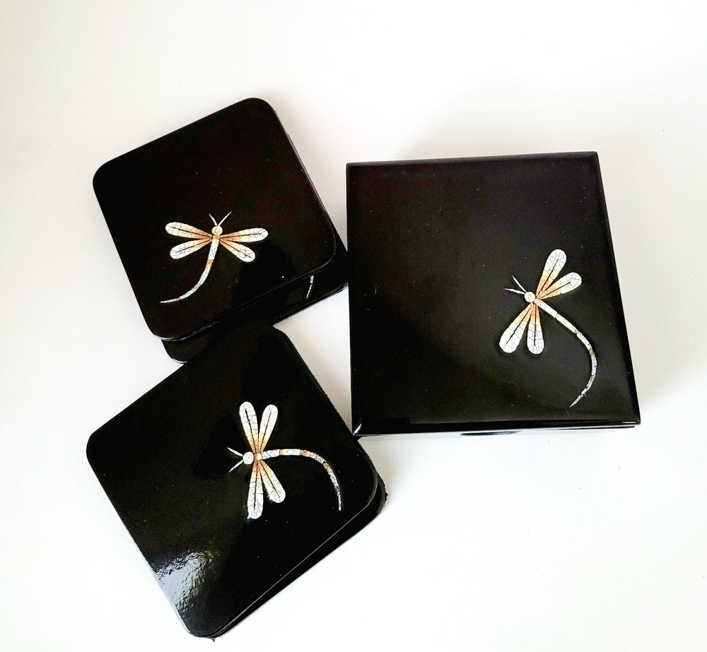 6pcs White Dragonfly Black lacquer coasters with a box,non-slip coasters