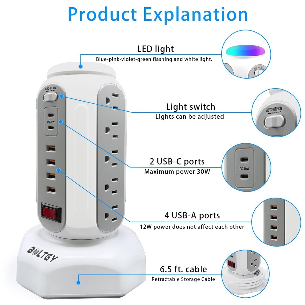 Power Strip Tower with Retractable Charging Cables, Surge Protector Tower wit...
