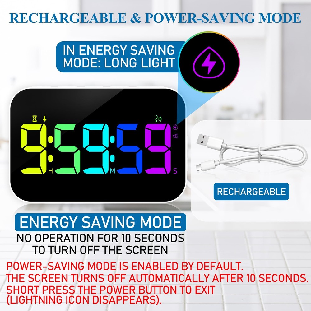 Kitchen LED Digital Timer Rechargeable, RGB Count Down Up Digital Timer with ...