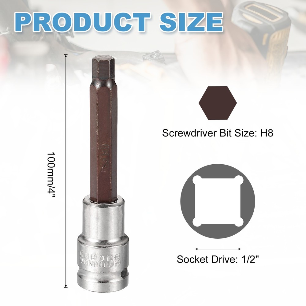 Hex Bit Socket H8 1/2" Drive 4" Length S2 Steel Long Bit CR-V Socket