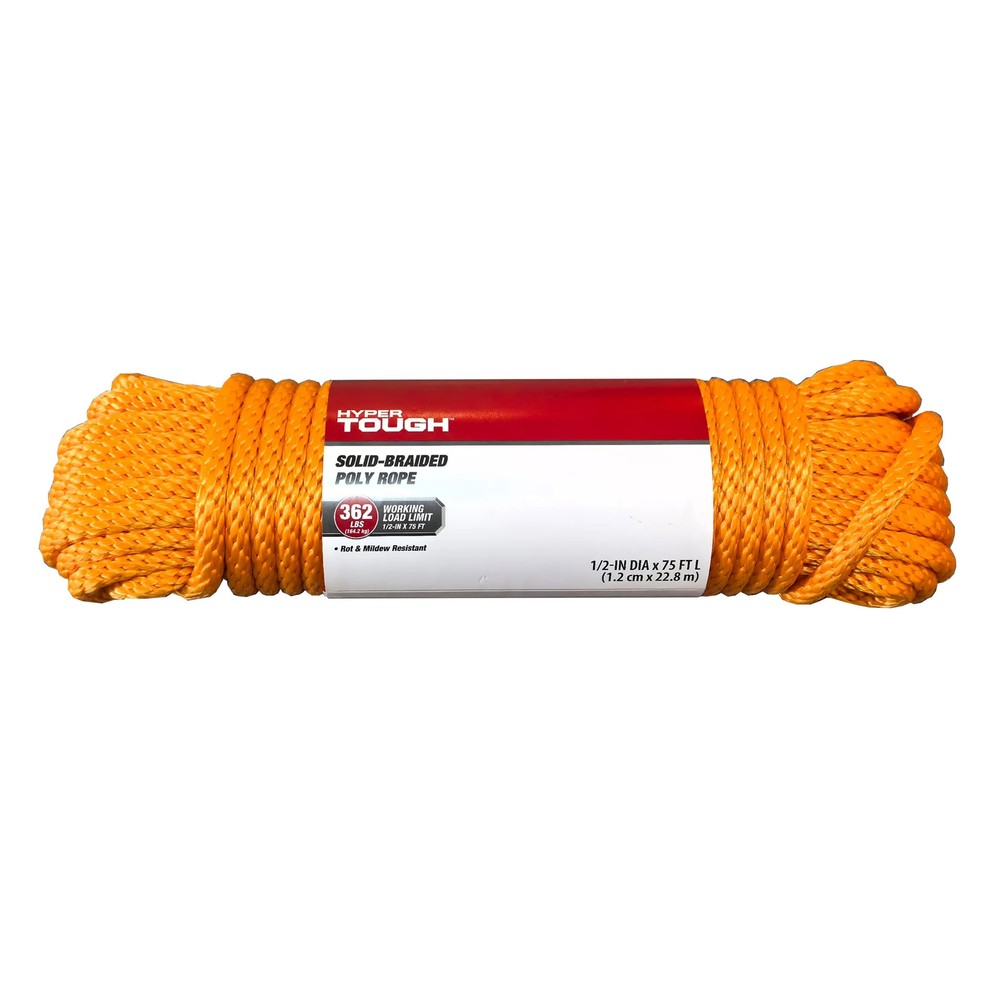 Hyper Tough 1/2 inch x 75 feet Orange Polypropylene Solid-Braid Rope