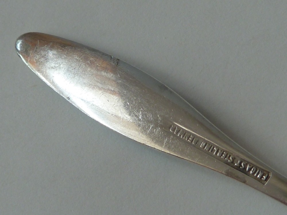 FRIGAST DENMARK STERLING SILVER BOUILLON SPOON, BLUE ENAMEL HANDLE