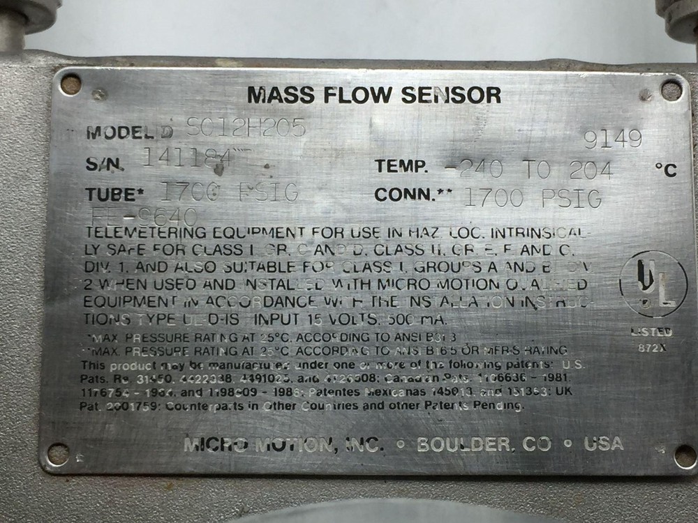 Micro Motion DS012H205 Mass Flow Sensor 1700Psi