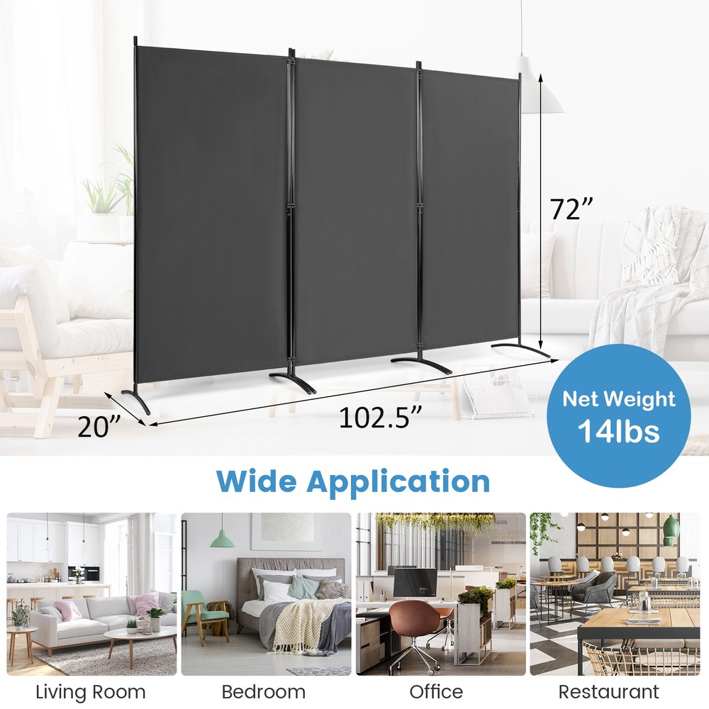 Folding Privacy Partition Screen 3-Panel Room Divider for Office Room Grey
