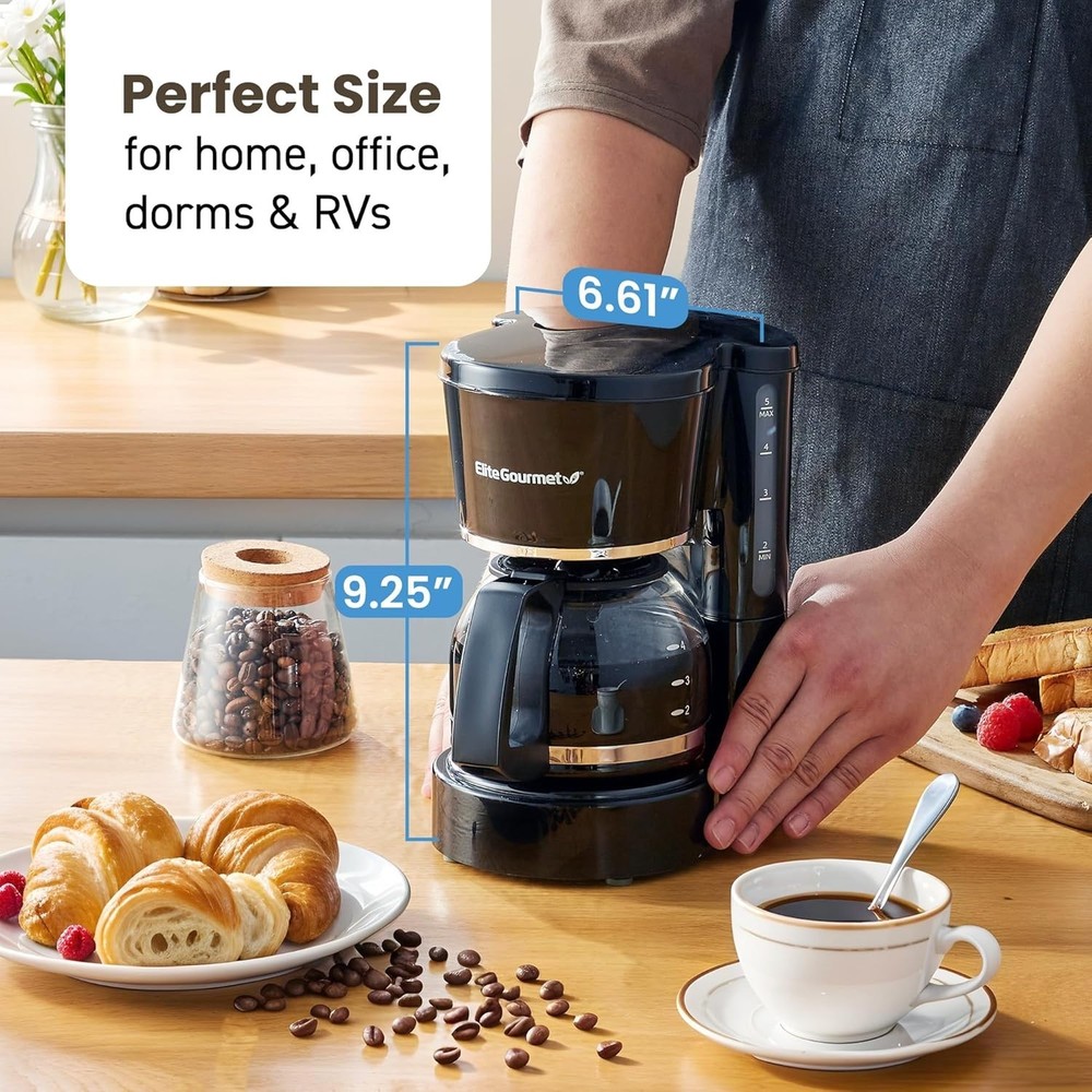Compact 5-Cup Brew & Drip Coffee Maker with Reusable Filter and Water Indicator