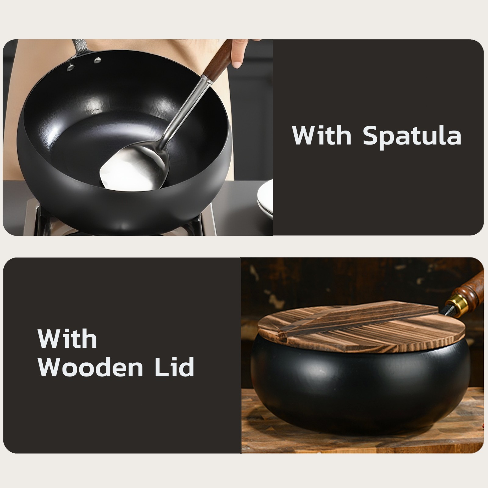 Uncoated Iron Pan Hand Forged Iron Pan with Lid Stir Fry Wok Skillet - 9.44IN