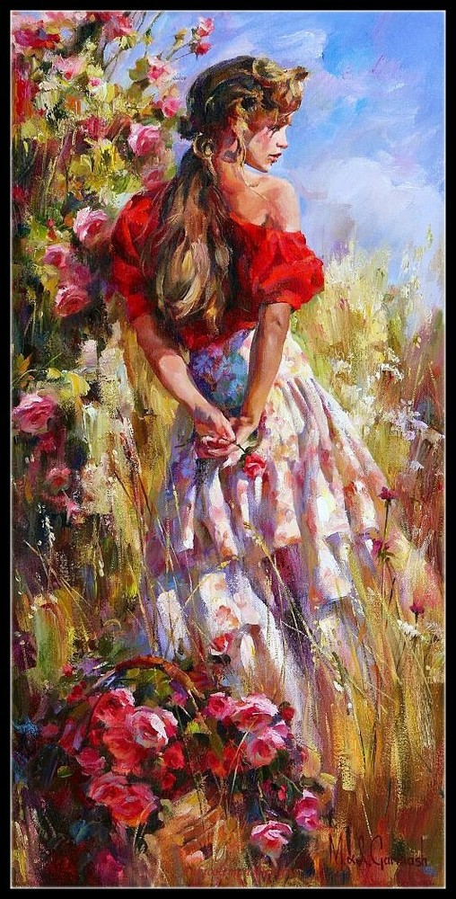 Chart Needlework DIY DMC - Counted Cross Stitch Patterns - Girl Picking Flowers