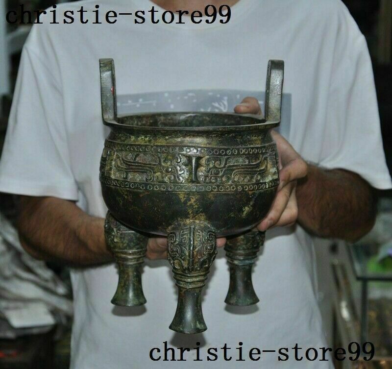 Old Chinese Bronze Ware Dynasty beast face Word 3 leg Incense Burner Censer