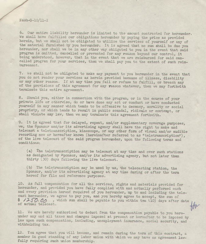 GENE LOCKHART - CONTRACT SIGNED 10/23/1950