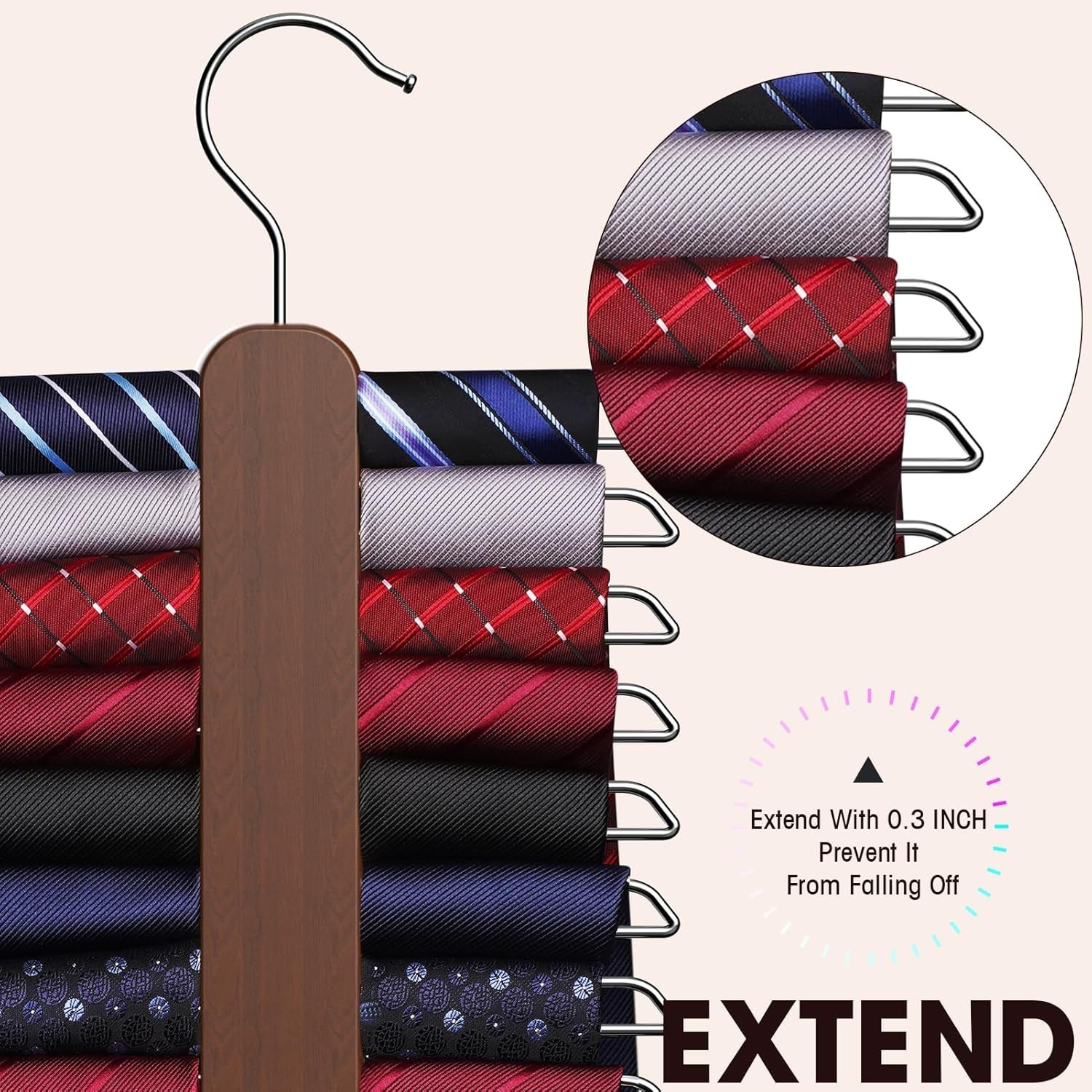Wood Tie Rack Holder Necktie & Belt Hanger Organizer Storage Rack Space Saver