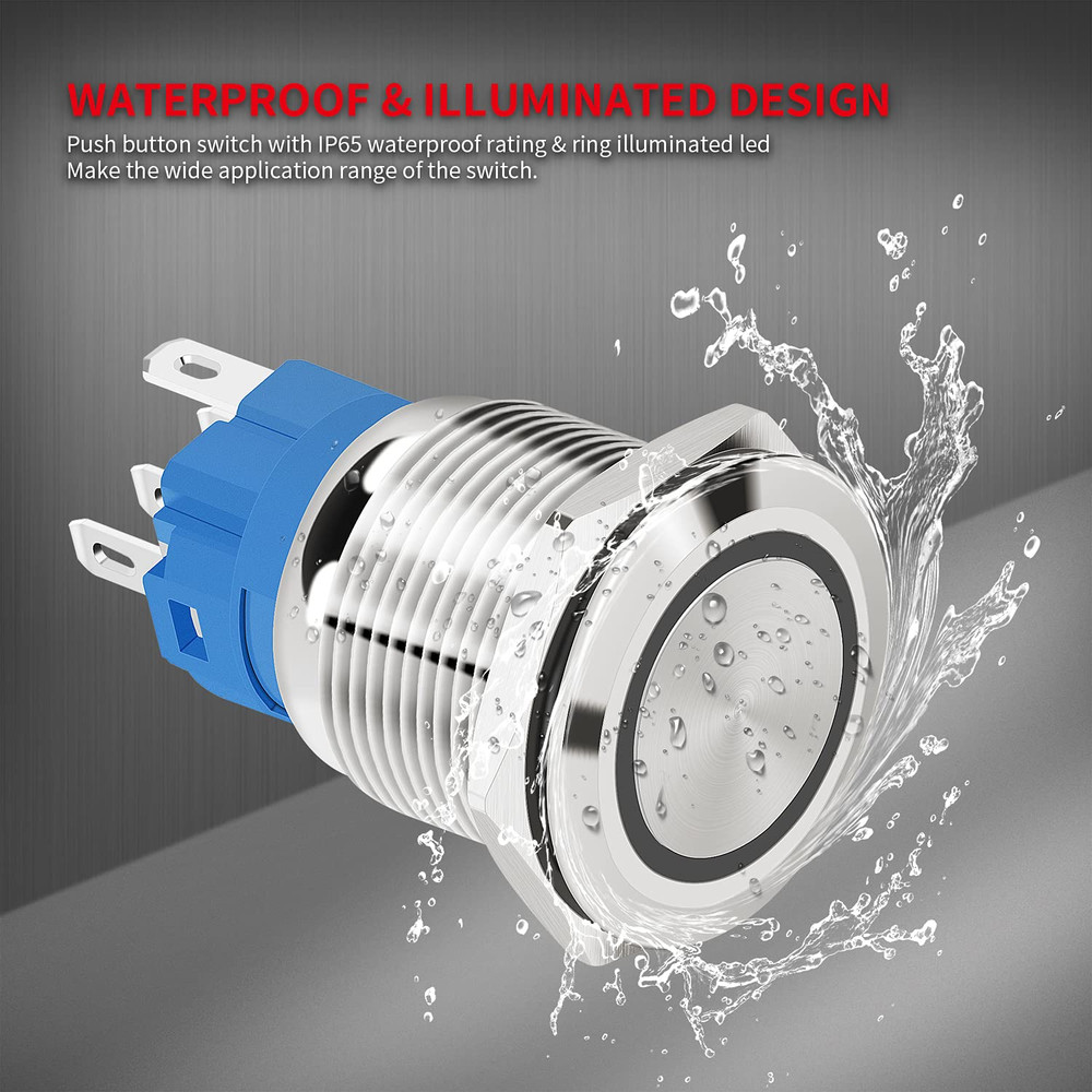 12V Latching Push Button Switch Marine Waterproof round Blue LED Pushbutton Swit