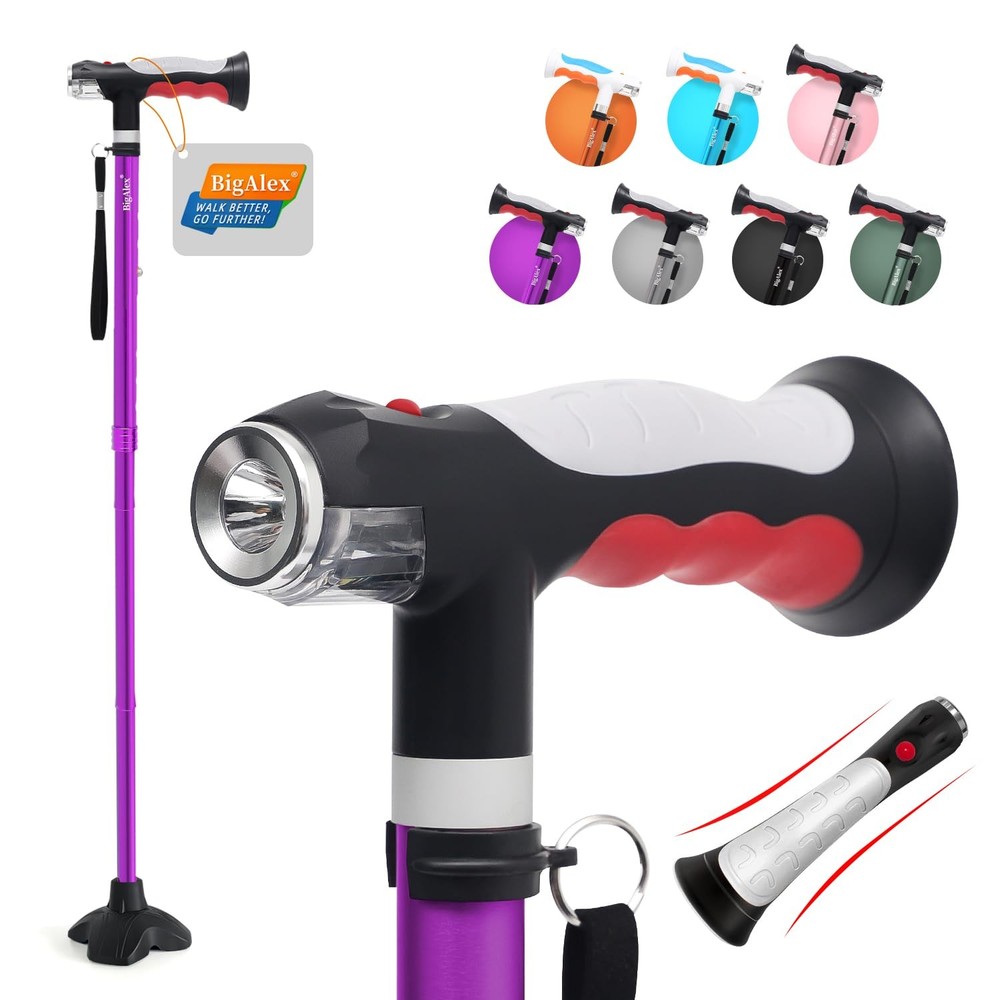 Folding Walking Cane with Two Led Lights for Elderly Solid Base Adjustable Walki